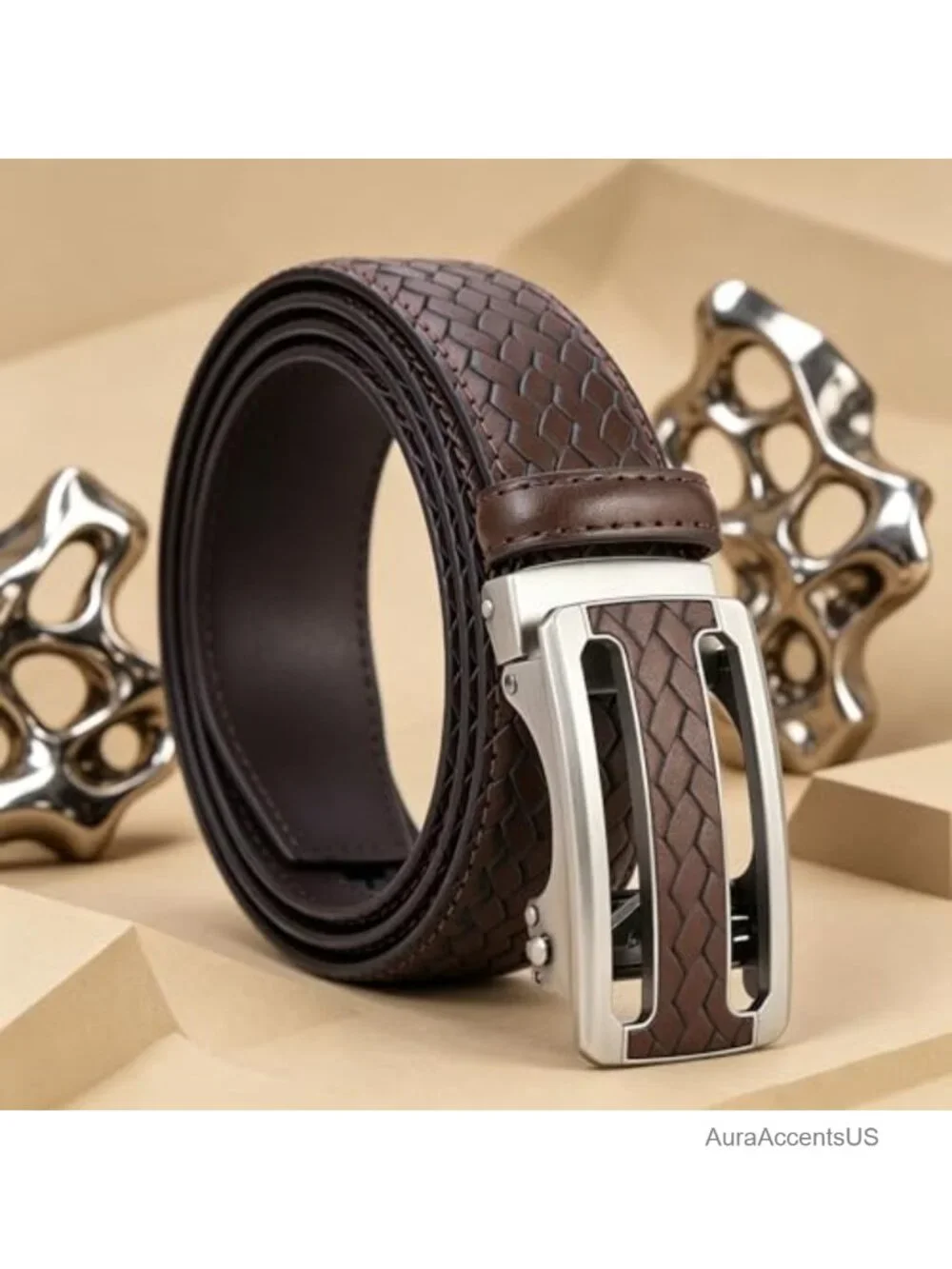 Men's Woven Leather Ratchet Belt, Adjustable Slide Dress Belt with Automatic
